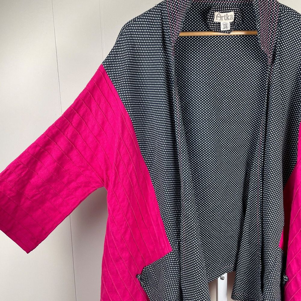 Artka Pink Navy Blue Polka Dot Kimono‎ Wrap Jacket Topper One Size